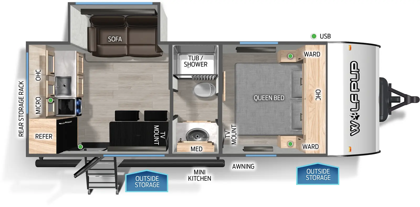 The Wolf Pup 17SC floorplan has one entry and one slide out. Exterior features include: metal exterior and outside kitchen. Interiors features include: rear kitchen, front bedroom and pass through bathroom.